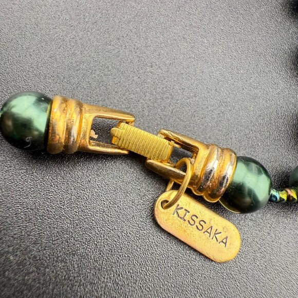 Kissaka Green Glass Bead Faux Pearl Necklace With Gold-Tone Clasp Elegant Design - Picture 5 of 8